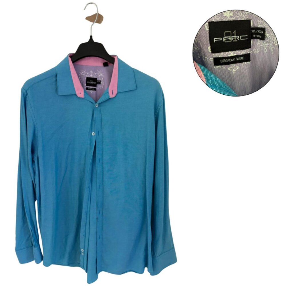 01 Parc Men’s XXL Blue Dress Shirt Pink Contrast Collar Cotton Long Sleeve